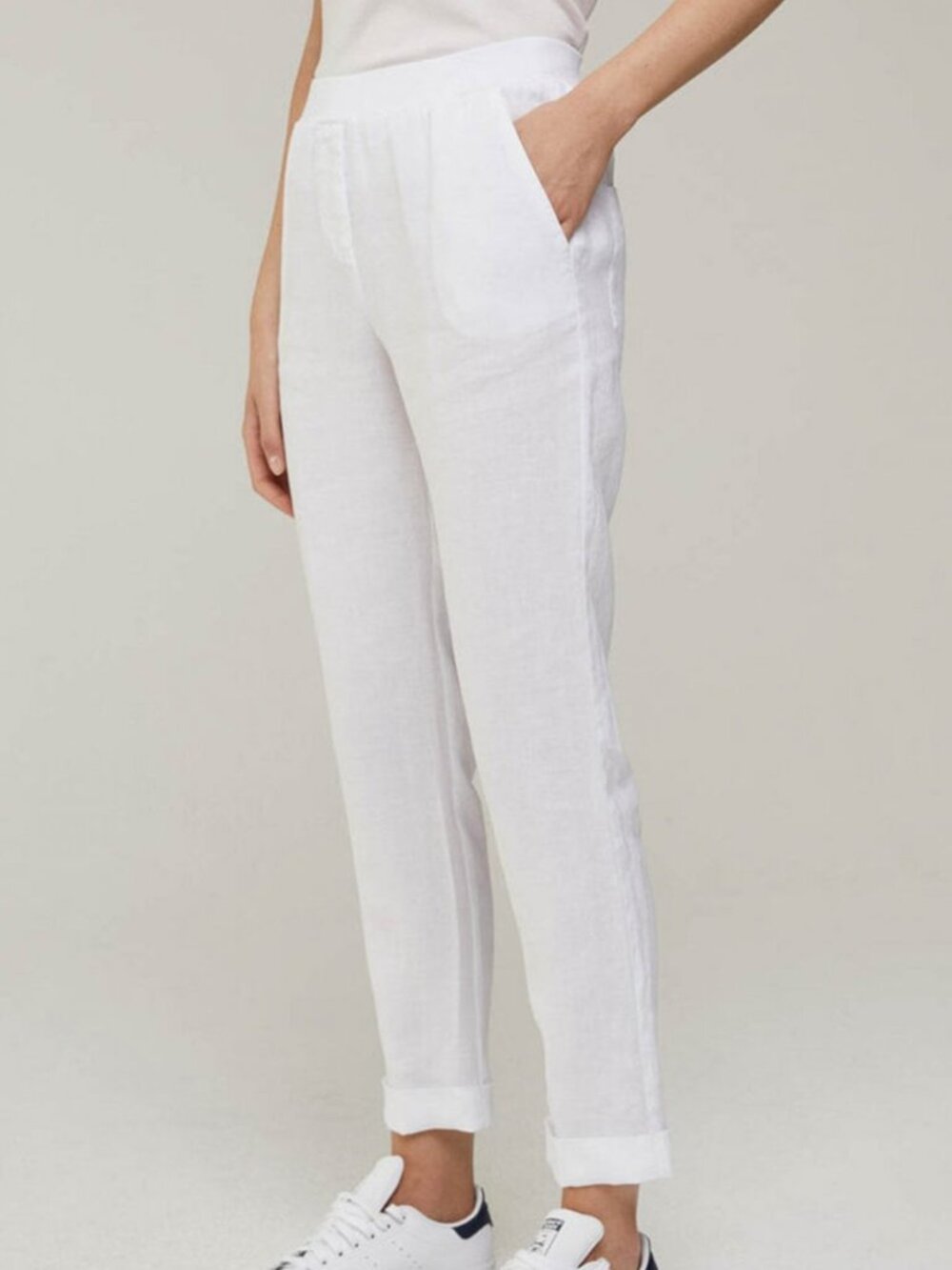 Rosso35 Genova Made in Italy Linen Pull-On Pants Cuffed Hem Pocket White